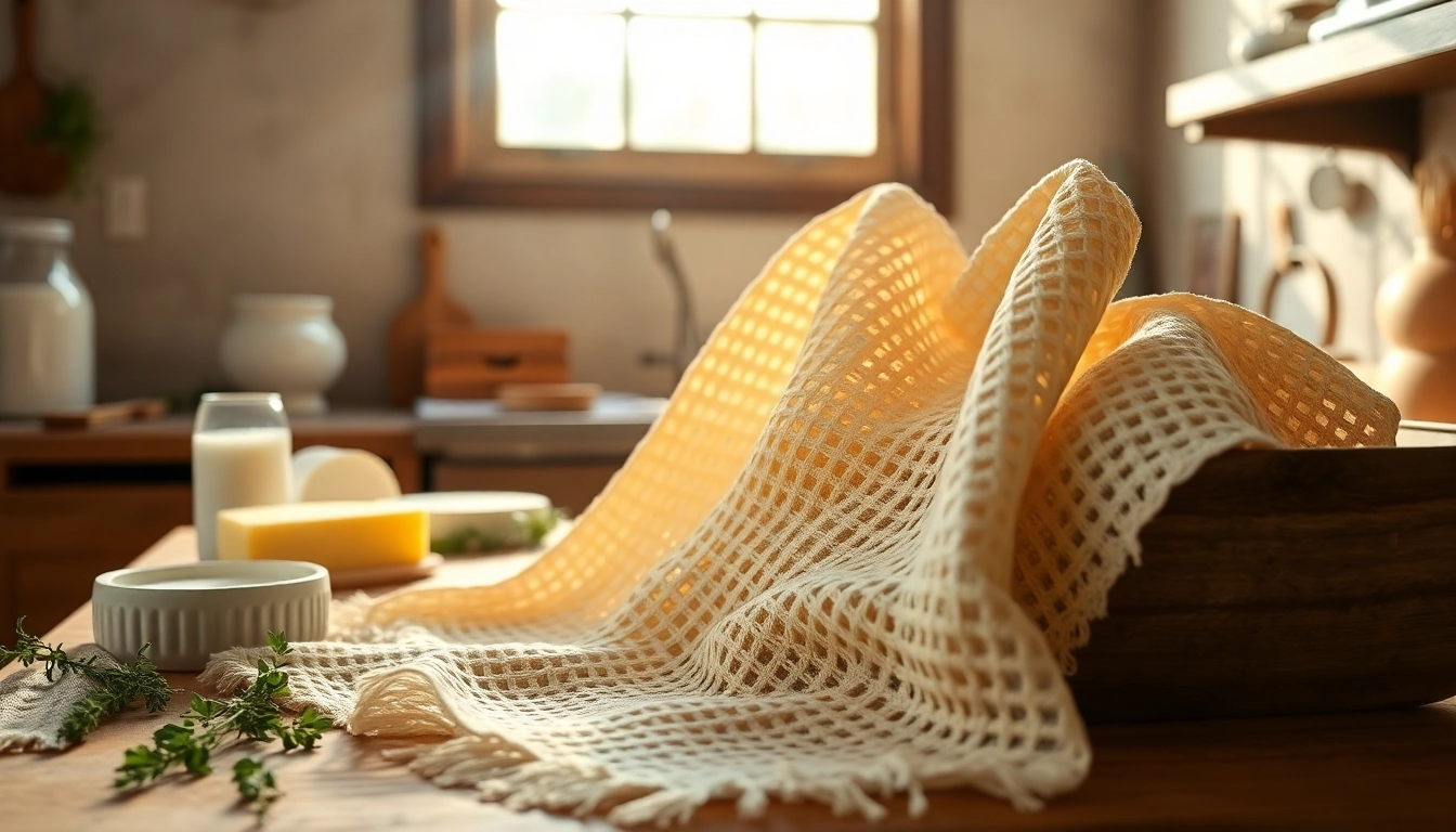 Kaasdoek aan een houten tafel met verse kaas en kruiden in een rustieke keuken.
