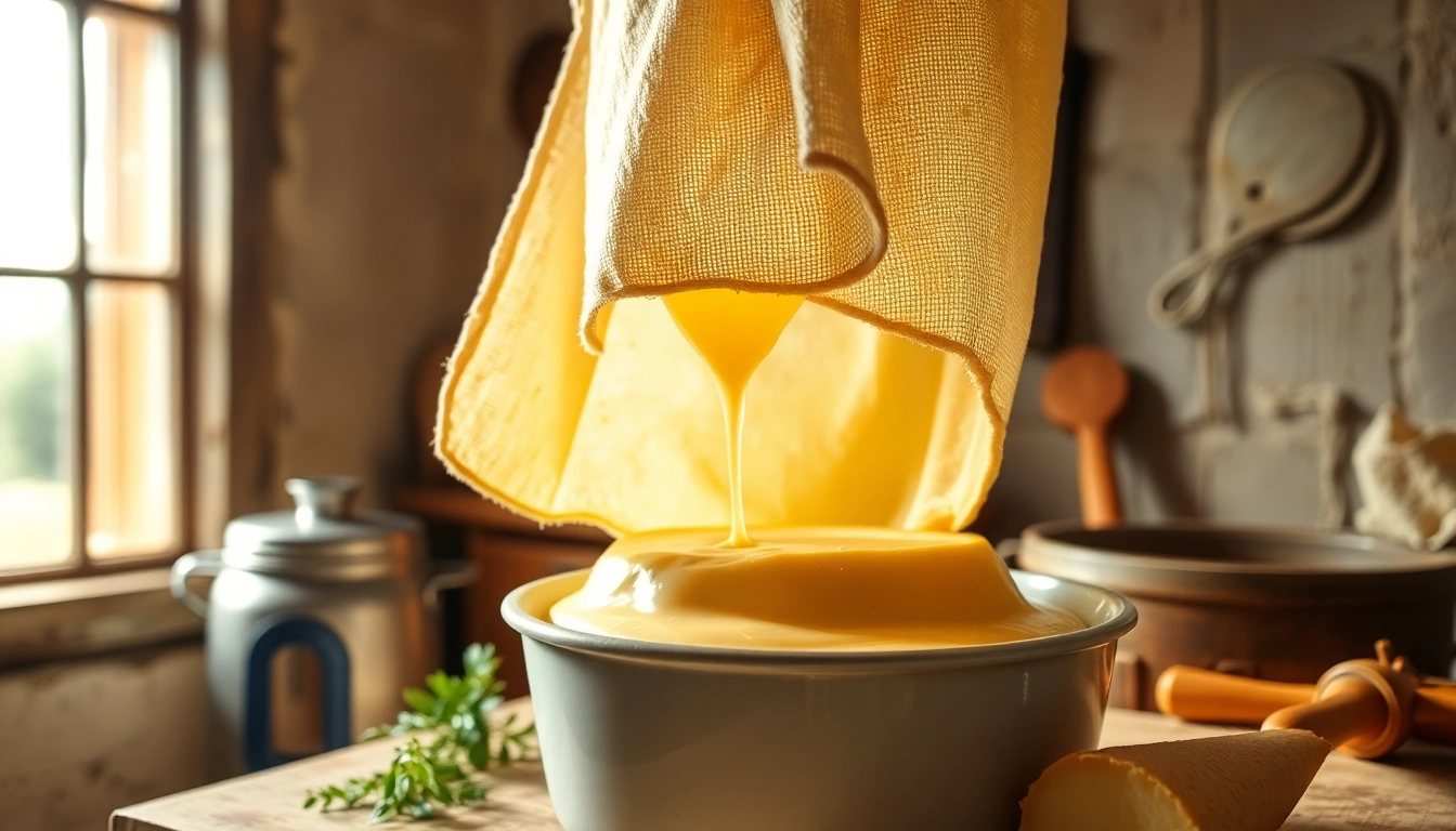 Kaasdoek met verse kaas in een rustieke keuken, perfect voor het maken van kaas.