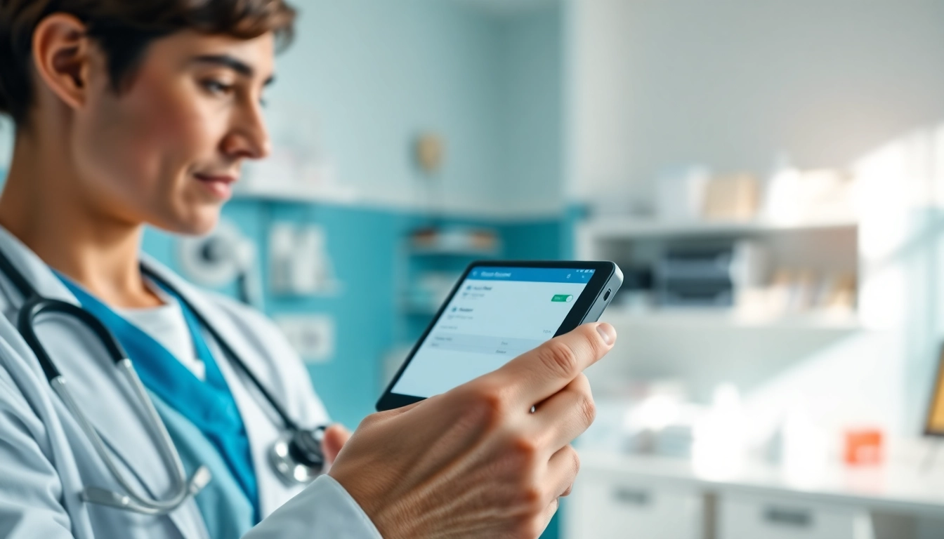 Provider demonstrates apps for electronic prescriptions on a mobile device in a bright clinical environment.