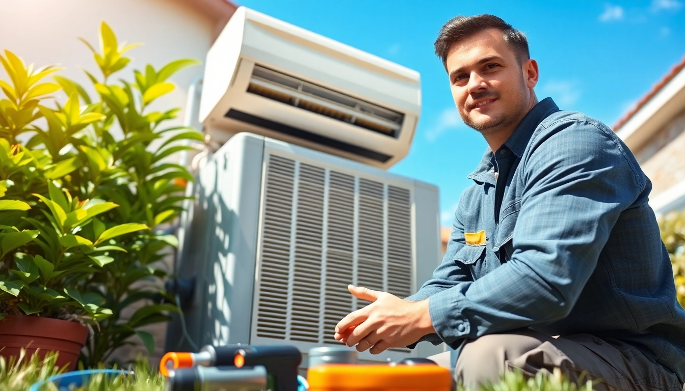 Technician providing ac repair mesa az services outdoors in a sunny garden setting.