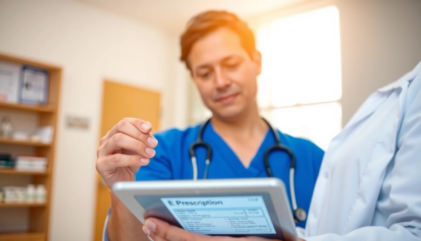 Healthcare professional prescribing medications using apps for electronic prescriptions in a modern clinic.